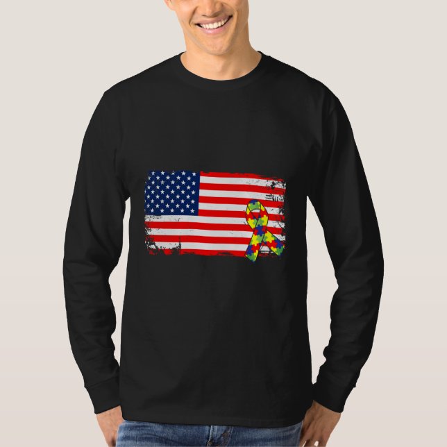 Camiseta Bandera Americana Cinta Autismo Mes Cinta de Rompe (Anverso)