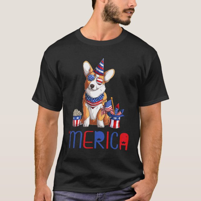 Camiseta Bandera Americana Corgi Sunglass Dog T (Anverso)