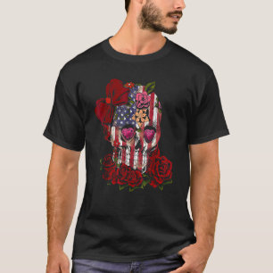 Camiseta Bandera Americana Cráneo Lleva Arco Rosas Flores