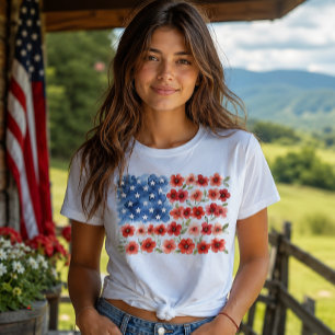 Camiseta Bandera Americana Floral Acuarela Flor Patriótica