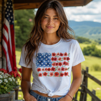 Camiseta Bandera Americana Floral Acuarela Flor Patriótica
