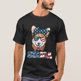 Camiseta Bandera Americana Fuegos Artificiales Corgi Perro