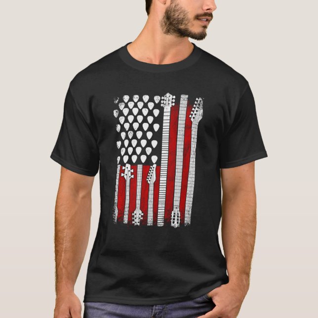 Camiseta Bandera Americana Guitar Red White Patriotic Music (Anverso)