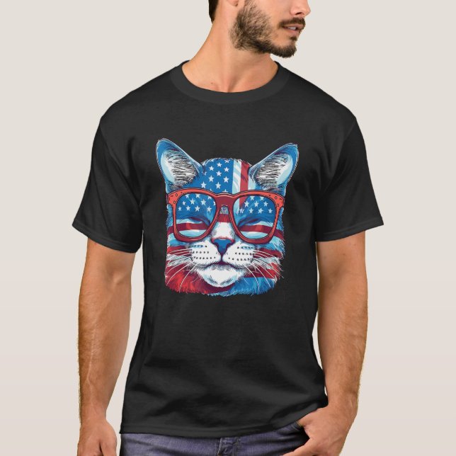 Camiseta Bandera Americana Meowica Gafas de sol Gato Patrió (Anverso)