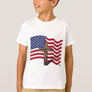 Camiseta Bandera Americana Ondeando y Cruz Áspera