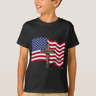 Camiseta Bandera Americana Ondeando y Cruz Áspera