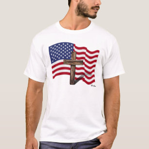 Camiseta Bandera Americana Ondeando y Cruz Áspera