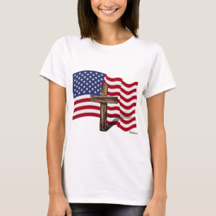Camiseta Bandera Americana Ondeando y Cruz Rústica