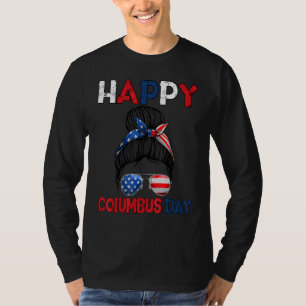 Camiseta Bandera Americana Pelo Desordenado Día de Columbus