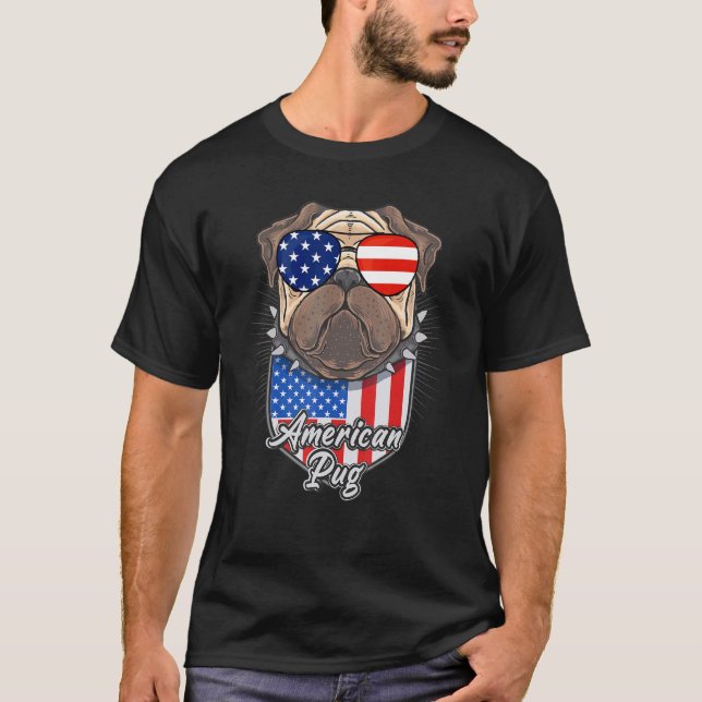 Camiseta Bandera americana Pug gafas de sol Ping Bandera Am (Anverso)