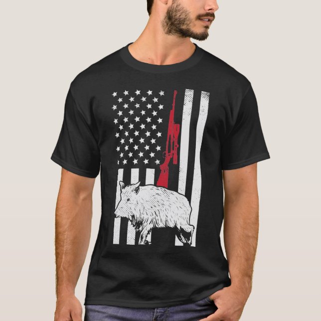 Camiseta Bandera Americana Rifle Hog Boar Caza de Caza de C (Anverso)