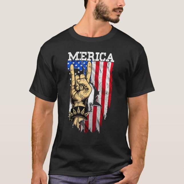 Camiseta Bandera Americana Rótulo De Rock Hand Cuarto De Ju (Anverso)