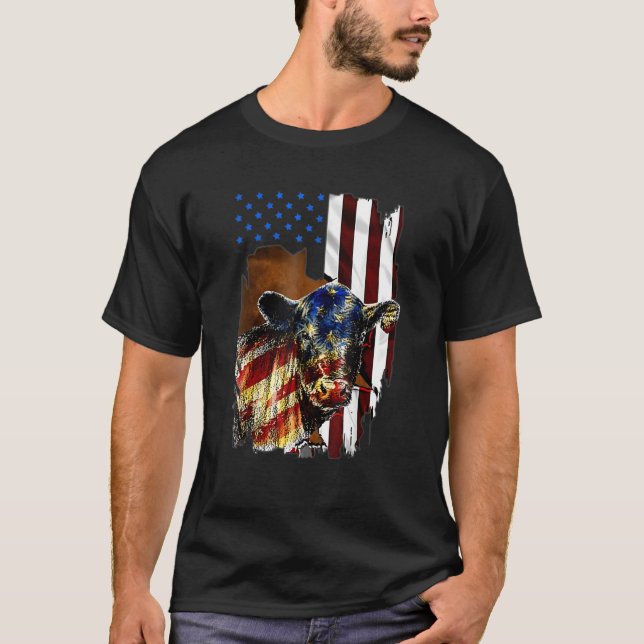Camiseta Bandera Americana Vaca Heifer Us 4 De Julio Farm C (Anverso)