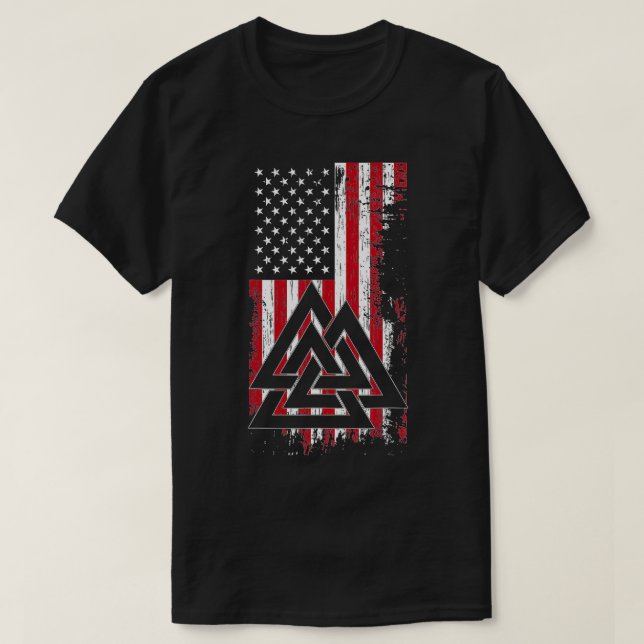 Camiseta Bandera americana Viking Valknut Nordic Runet Celt (Diseño del anverso)