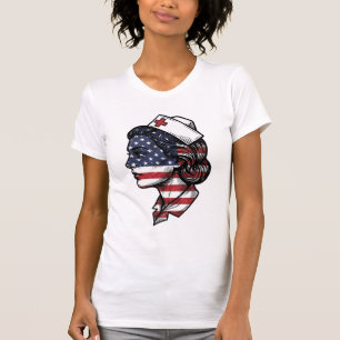 Camiseta Bandera Americana Vintage Perfil de Enfermera Dise