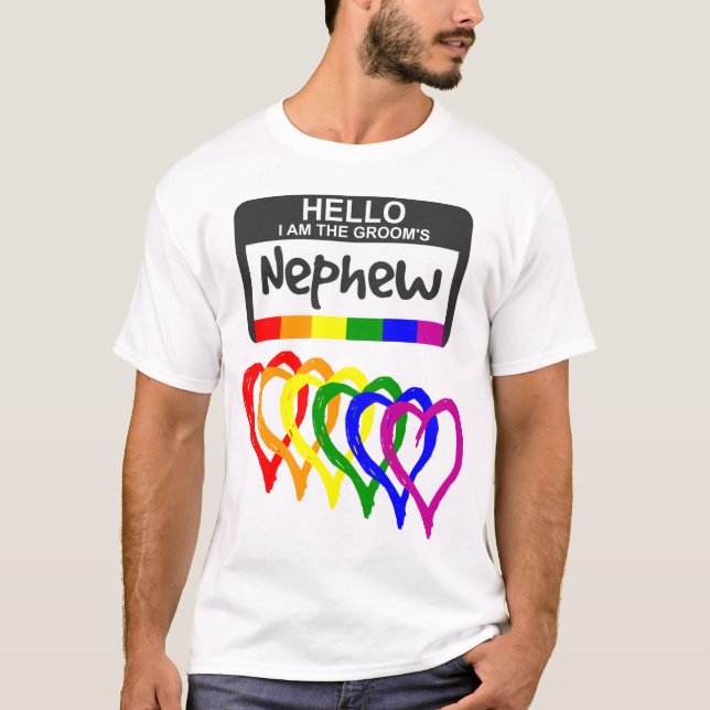 Camiseta Bandera arcoiris Corazones Groom Nombre del sobrin (Anverso)