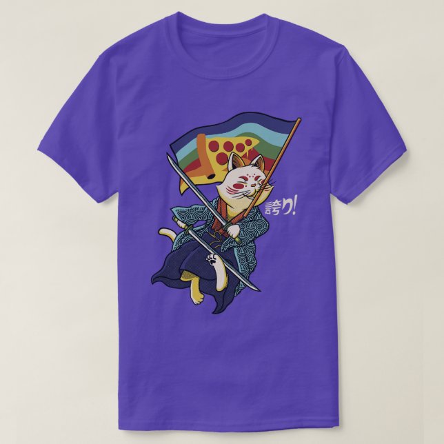 Camiseta Bandera arcoiris de un gato katana a una pizza jap (Diseño del anverso)