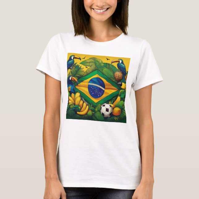 Camiseta Bandera brasileña con tocanes y elementos tropical (Anverso)