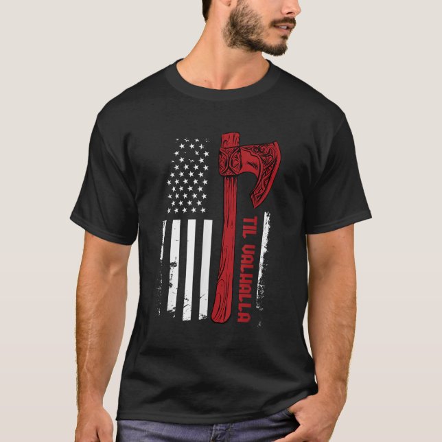 Camiseta Bandera de Ax Viking Americana - Til Valhalla - No (Anverso)
