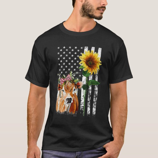 Camiseta Bandera de Cow USA Sunflower Animal Heifer Patriot (Anverso)