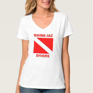 Camiseta Bandera de Divers Maineiac Logo Womens V cuello Te