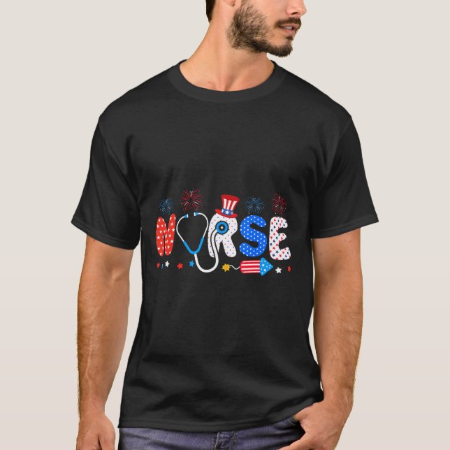 Camiseta Bandera De Eeuu 4 De Julio Enfermería Stethoscope  (Anverso)