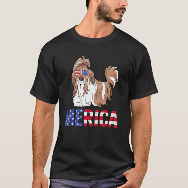 Camiseta Bandera De Estados Unidos Shih Tzu Perro Sunglass  (Anverso)