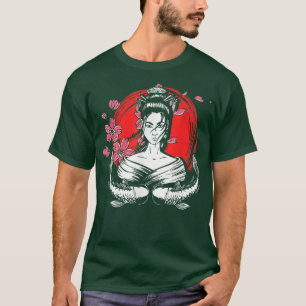 Camiseta Bandera de Japón Geisha Pescado Sakura cerezo árbo