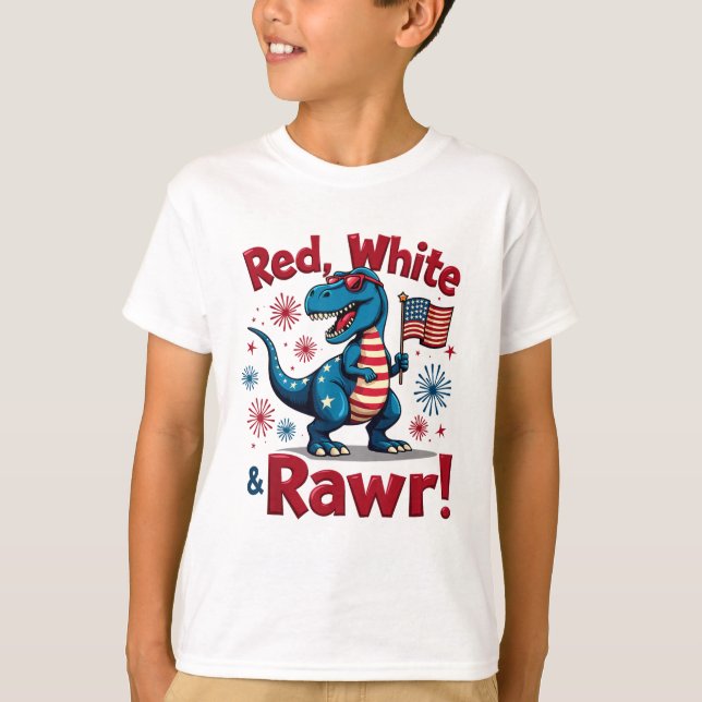 Camiseta Bandera de los EEUU de dinosaurios rojos blancos y (Anverso)