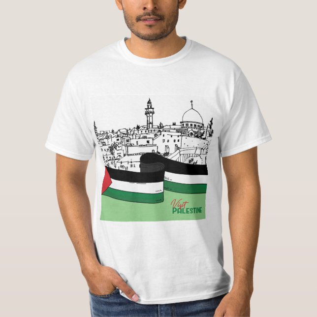 Camiseta Bandera de Palestina y antiguas casas dibujadas a  (Anverso)