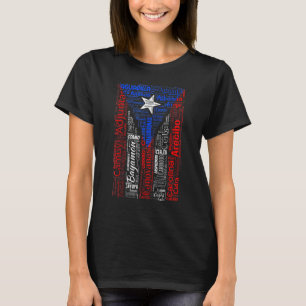 Camiseta Bandera de Puerto Rico con pueblos y ciudades de P