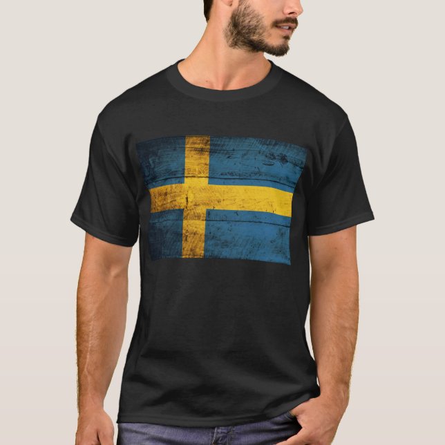 Camiseta Bandera de Suecia de madera antigua; (Anverso)