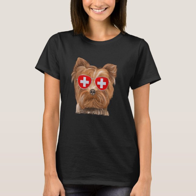 Camiseta Bandera de Suiza de Yorkshire Terrier Dog Gafas de (Anverso)