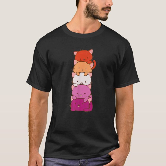 Camiseta Bandera del orgullo lésbico rosado adorna a gato k (Anverso)