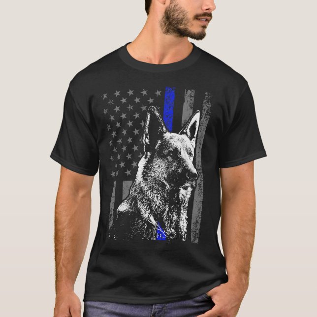 Camiseta Bandera delgada de la línea azul K 9 Pastor alemán (Anverso)