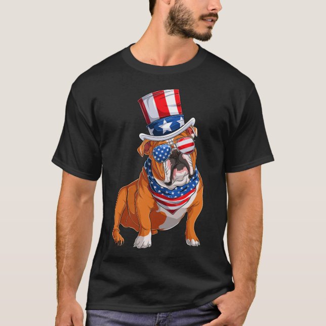 Camiseta Bandera Estadounidense De Perro bulldog 4 De Julio (Anverso)