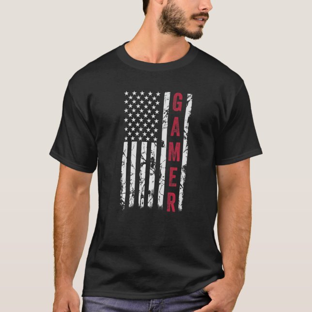 Camiseta Bandera estadounidense divertida Gamer Tees Videoj (Anverso)