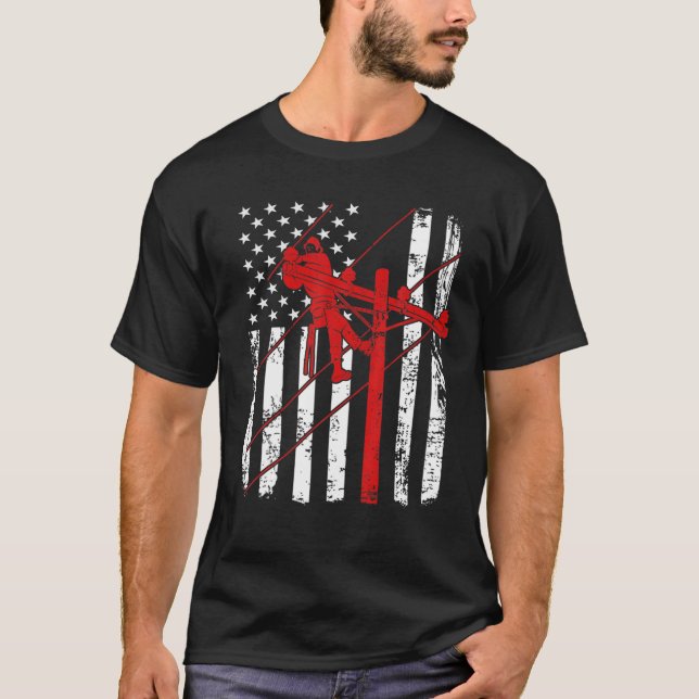 Camiseta Bandera estadounidense Lineman USA cable eléctrico (Anverso)