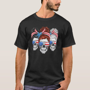 Camiseta Bandera Estadounidense Messy Bun Skull Mamá 4 De