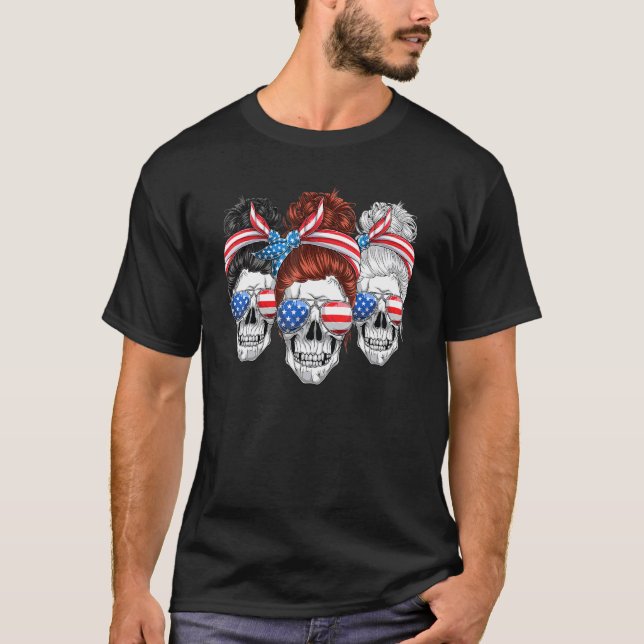 Camiseta Bandera Estadounidense Messy Bun Skull Mamá 4 De (Anverso)