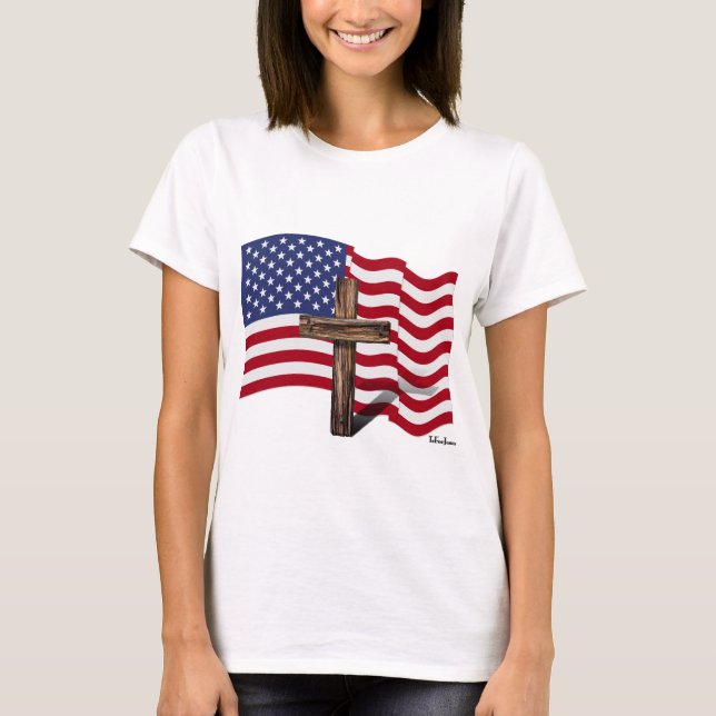 Camiseta Bandera estadounidense ondeando y agitando la cruz (Anverso)