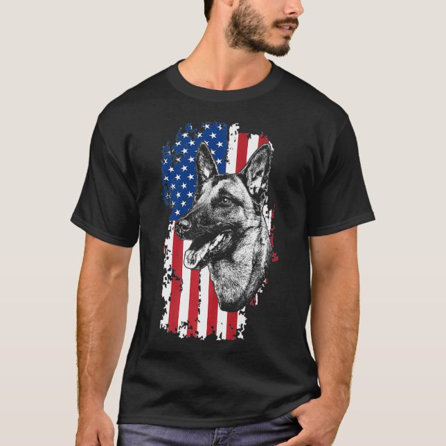 Camiseta Bandera estadounidense Perro de policía belga Mali (Anverso)