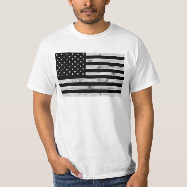 Camiseta Bandera estadounidense Rustic Wood Black White Pat (Anverso)