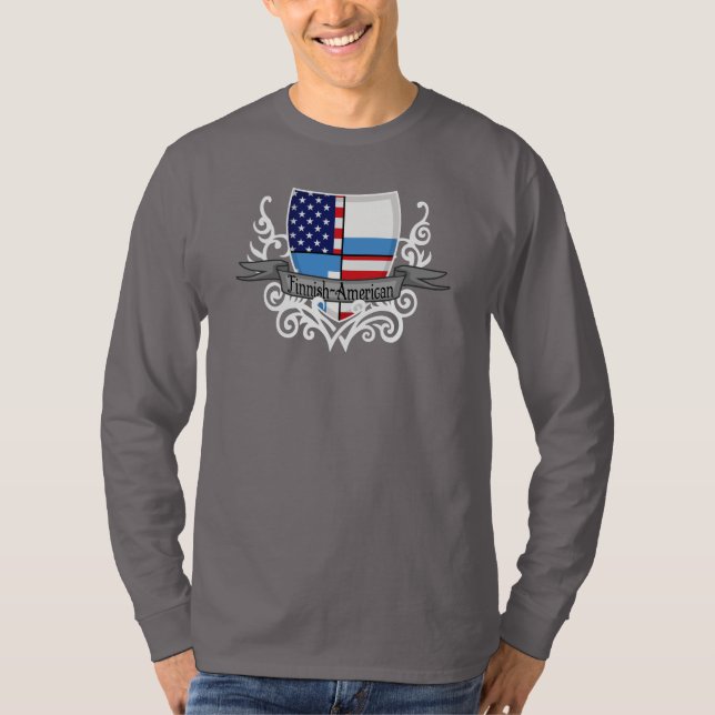 Camiseta Bandera Finlandés-Americana del escudo (Anverso)