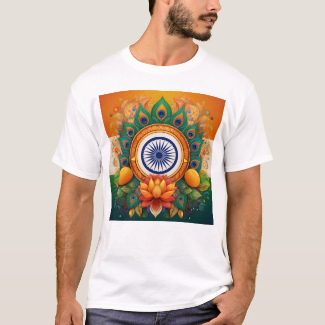Camiseta Bandera india con plumas de Lotus y Peacock (Anverso)