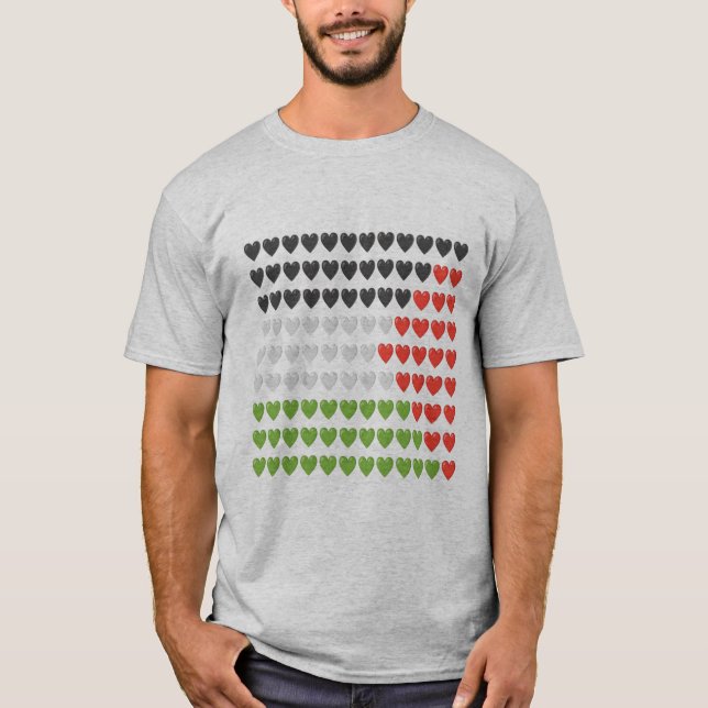 Camiseta Bandera palestina, corazones rojos negros y verdes (Anverso)