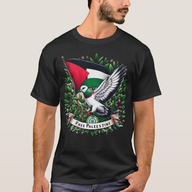 Camiseta Bandera palestina libre, pichón sostiene hoja de o (Anverso)