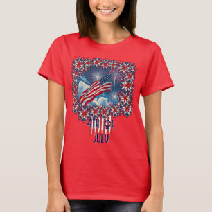 Camiseta Bandera Patriótica Americana con fuegos artificial