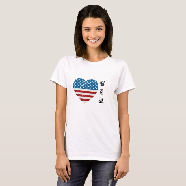 Camiseta Bandera Patriótica Americana Estrellas de corazón  (Anverso completo)