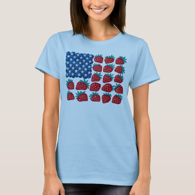 Camiseta Bandera Patriótica Americana Strawberry Blueberry  (Anverso)